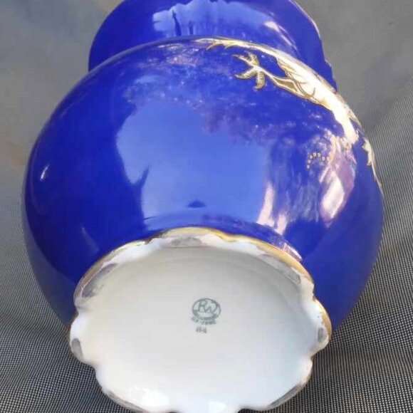 Cobalt Blue Gold Gilded Porcelain Vase W/Hand Painted Dragons RW Rudolf Wachter - Picture 10 of 11